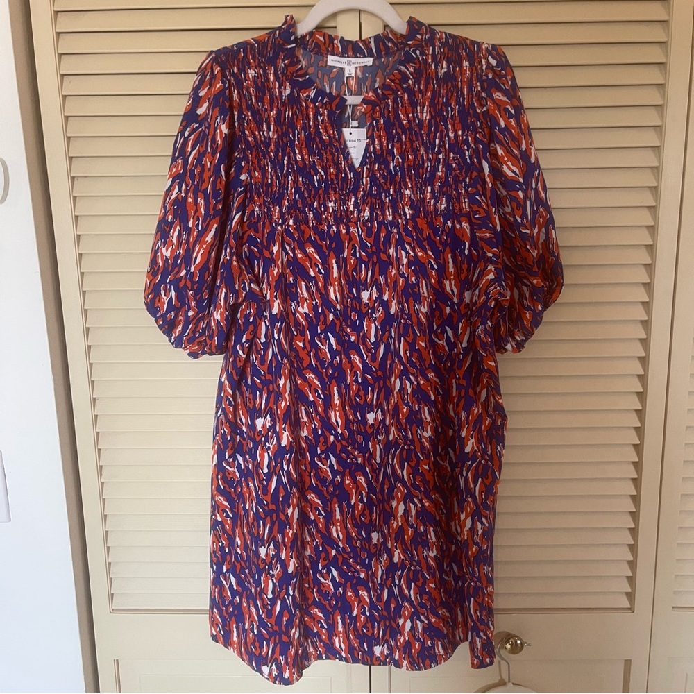 Blue and Orange  Smocked Sundress with Puff Sleeves